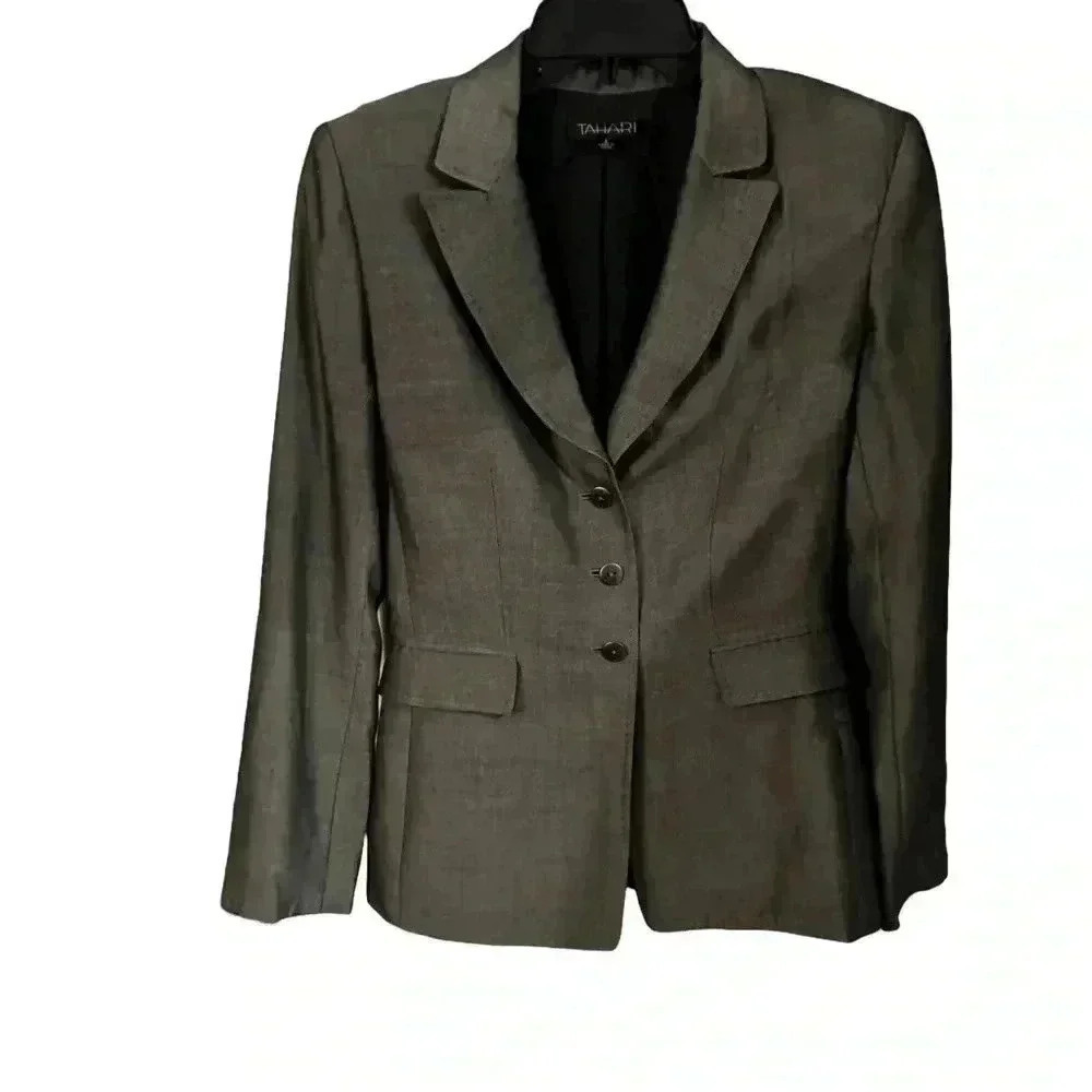 Tahari blazer size 2 long sleeve Dark Gray 3 Silver Metal button close